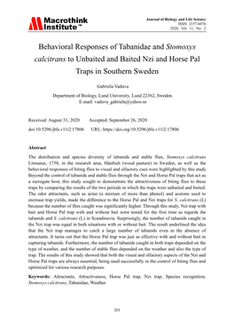 Behavioral Responses of Tabanidae and Stomoxys Calcitrans to Unbaited and Baited Nzi and Horse Pal Traps in Southern Sweden