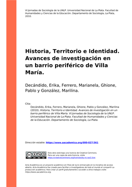 Historia, Territorio E Identidad. Avances De Investigación En Un Barrio Periférico De Villa María