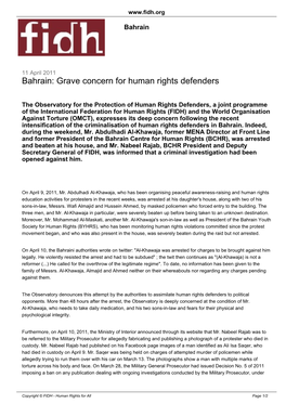 Bahrain: Grave Concern for Human Rights Defenders