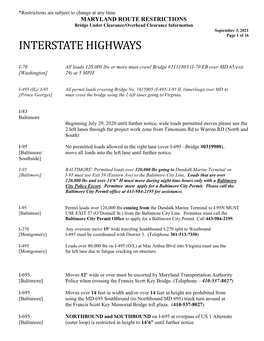 ROUTE RESTRICTIONS Bridge Under Clearance/Overhead Clearance Information September 3, 2021 Page 1 of 16 INTERSTATE HIGHWAYS