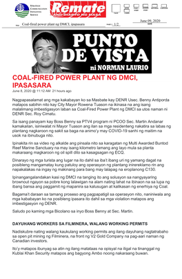 COAL-FIRED POWER PLANT NG DMCI, IPASASARA June 8, 2020 @ 11:12 AM 21 Hours Ago