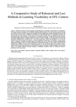A Comparative Study of Rehearsal and Loci Methods in Learning Vocabulary in EFL Context