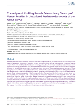 Transcriptomic Profiling Reveals Extraordinary Diversity of Venom Peptides in Unexplored Predatory Gastropods of the Genus Clavu