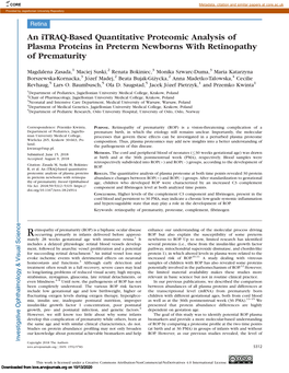 An Itraq-Based Quantitative Proteomic Analysis of Plasma Proteins in Preterm Newborns with Retinopathy of Prematurity