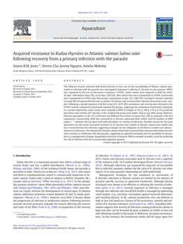 Acquired Resistance to Kudoa Thyrsites in Atlantic Salmon Salmo Salar Following Recovery from a Primary Infection with the Parasite