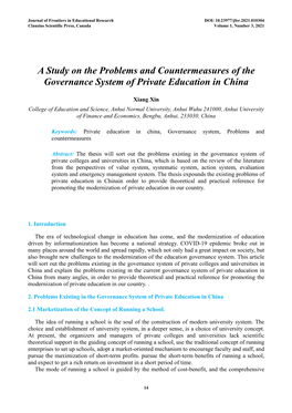 A Study on the Problems and Countermeasures of the Governance System of Private Education in China