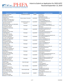 Intent to Submit an Application for 2020 LIHTC Received September 13, 2019