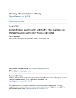 Oxalate Oxidase Quantification and Relative Mrna Expression in Transgenic American Chestnut (Castanea Dentata)