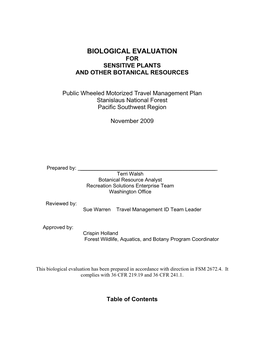 Biological Evaluation for Sensitive Plants and Other Botanical Resources