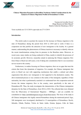 Chinese Migration Dynamics in Brazillian Northeast: Initial Considerations by the Analysis of Chinese Migration Profile in Pernambuco’S Cities