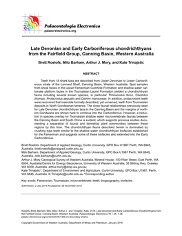 Late Devonian and Early Carboniferous Chondrichthyans from the Fairfield Group, Canning Basin, Western Australia