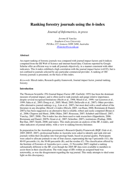 Ranking Forestry Journals Using the H-Index