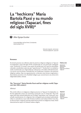La “Hechicera” María Bartola Paxsi Y Su Mundo Religioso (Tapacarí, Fines Del Siglo XVIII)*
