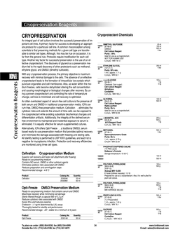 CRYOPRESERVATION Cryoprotectant Chemicals an Integral Part of Cell Culture Involves the Successful Preservation of Im- Portant Cell Lines