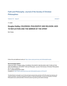 Douglas Hedley, COLERIDGE, PHILOSOPHY and RELIGION: AIDS to REFLECTION and the MIRROR of the SPIRIT