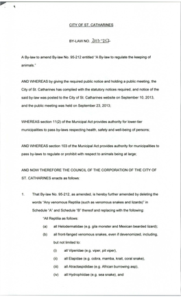 CITY of ST. CATHARINES a By-Law to Amend By-Law No. 95-212 Entitled