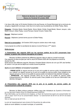 Relevé De Décision Du Conseil Municipal Séance Du Vendredi 30 Octobre 2020