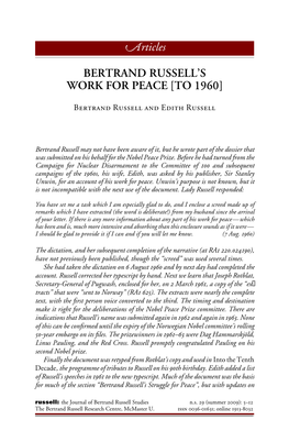 Bertrand Russell's Work for Peace [To 1960]