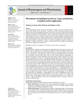 Pheromones in Lepidopteran Insects: Types, Production, JPP 2017; 6(5): 2552-2558 Received: 12-07-2017 Reception and Its Application Accepted: 13-08-2017