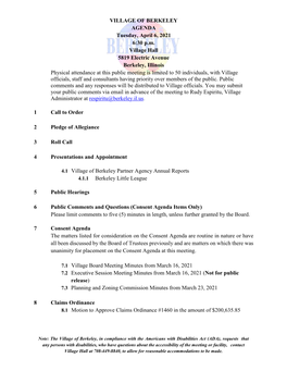 VILLAGE of BERKELEY AGENDA Tuesday, April 6, 2021 6:30 P.M