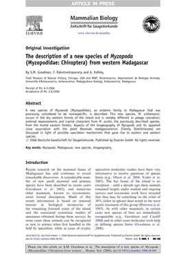 Myzopodidae: Chiroptera) from Western Madagascar