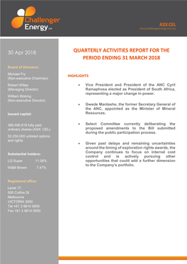 Quarterly Activities Report for the Period Ending 31