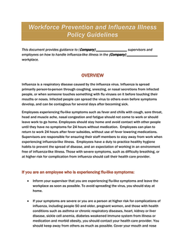 Workforce Prevention and Influenza Illness Policy Guidelines