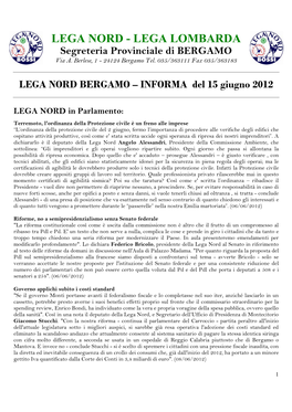 LEGA LOMBARDA Segreteria Provinciale Di BERGAMO Via A