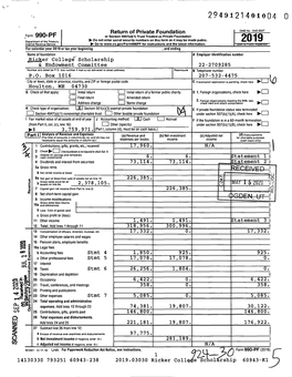 Form 990-PF (2019) 1 14 130330 793251 60943-238 2019.03030 Ricker Coli E 2:~~2:1()Sc 01 Rshi P 60943-K1