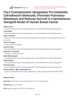 Fra-2 Overexpression Upregulates Pro-Metastatic Cell-Adhesion