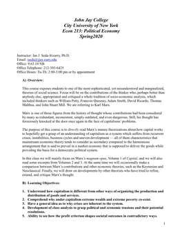 John Jay College City University of New York Econ 213: Political Economy Spring2020