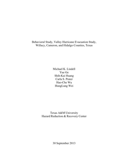 Behavioral Study, Valley Hurricane Evacuation Study, Willacy, Cameron, and Hidalgo Counties, Texas