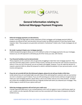 General Information Relating to Deferred Mortgage Payment Programs