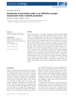 Autotomy in Porcelain Crabs Is an Effective Escape Mechanism from Rockﬁsh Predation Matthew L