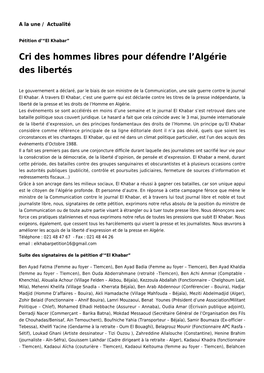 Cri Des Hommes Libres Pour Défendre L'algérie Des Libertés