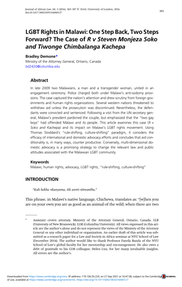LGBT Rights in Malawi: One Step Back, Two Steps Forward? the Case of R V Steven Monjeza Soko and Tiwonge Chimbalanga Kachepa