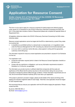 Application for Resource Consent Under Clause 2(1) of Schedule 6 of the COVID-19 Recovery (Fast-Track Consenting) Act 2020