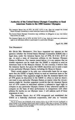 Authority of the United States Olympic Committee to Send American Teams to the 1980 Summer Olympics