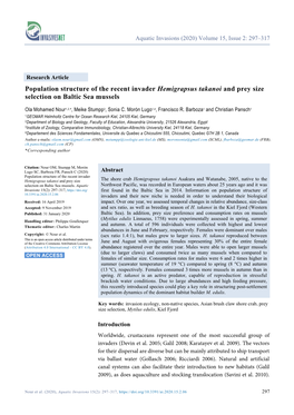 Population Structure of the Recent Invader Hemigrapsus Takanoi and Prey Size Selection on Baltic Sea Mussels