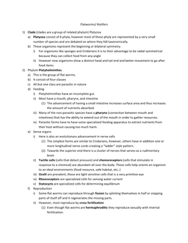 Flatworms/ Rotifers 1) Clade (Clades Are a Group of Related Phylum) Platyzoa A) Platyzoa Consist of 6 Phyla, However Most of T