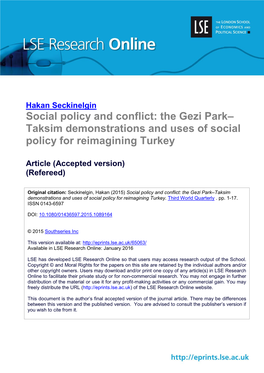 The Gezi Park– Taksim Demonstrations and Uses of Social Policy for Reimagining Turkey