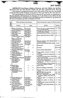 NEW Foeesf, ABSTRACT of the Claims to Rights of Common and Other Rights Over the New Act of the 14Th and 15Th Victoria, Chapter 76, and Duly Registered by Mr