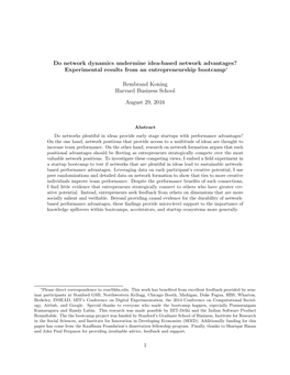 Do Network Dynamics Undermine Idea-Based Network Advantages? Experimental Results from an Entrepreneurship Bootcamp∗