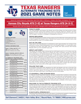 TEXAS RANGERS ALTERNATE TRAINING SITE 2021 GAME NOTES Media Contact: Andrew Felts | Afelts@Rrexpress.Com | 512.238.2213