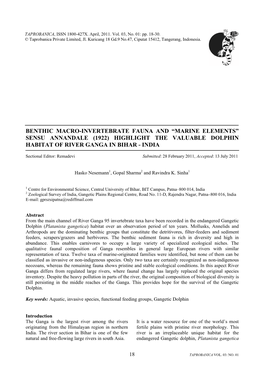 Benthic Macro-Invertebrate Fauna and “Marine Elements” Sensu Annandale (1922) Highlight the Valuable Dolphin Habitat of River Ganga in Bihar - India