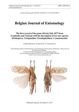 Belgian Journal of Entomology the First Record of the Genus Olcinia Stål
