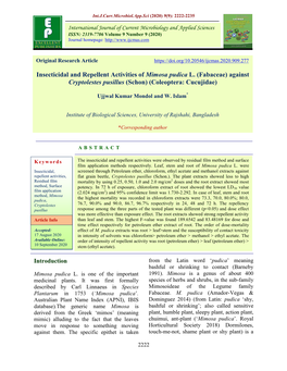 Insecticidal and Repellent Activities of Mimosa Pudica L. (Fabaceae) Against Cryptolestes Pusillus (Schon) (Coleoptera: Cucujidae)