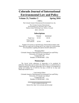 Colorado Journal of International Environmental Law and Policy Volume 21, Number 2 Spring 2010 © 2010 by the Colorado Journal of International Environmental Law, Inc