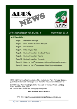 APPS Newsletter Vol 27, No. 3 December 2014 in This Edition