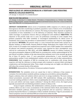 Original Article Prevalence of Aminoacidurias in a Tertiary Care Pediatric Medical College Hospital J